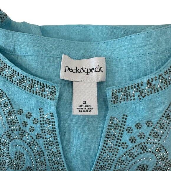 Peck & Peck Blue Embroidered Linen Tunic Top 3/4 Sleeves & Split Neckline-SZ XL - Picture 2 of 12